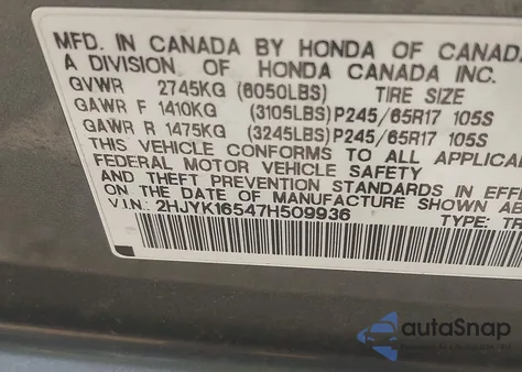 2007 Honda Ridgeline Rtl z USA, uszkodzony, nr VIN 2HJYK16547H509936